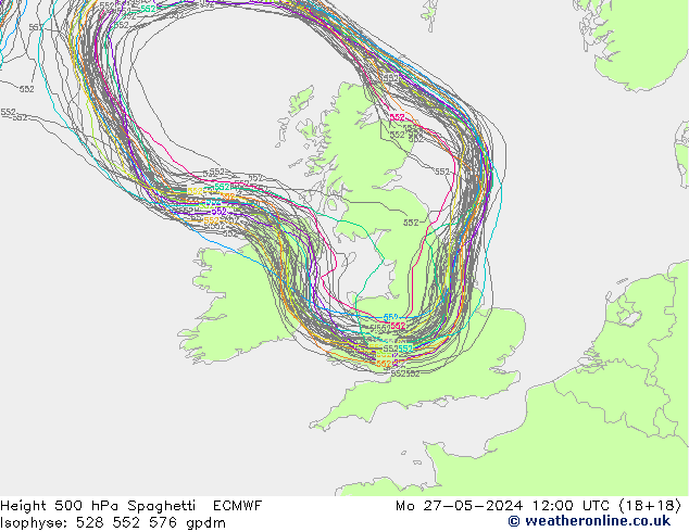 Height 500 hPa Spaghetti ECMWF lun 27.05.2024 12 UTC