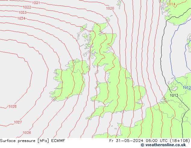 Presión superficial ECMWF vie 31.05.2024 06 UTC