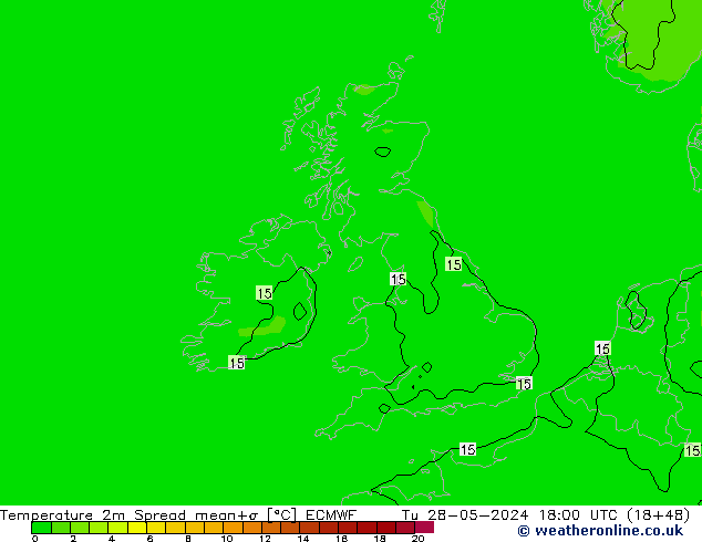 Temperatuurkaart Spread ECMWF di 28.05.2024 18 UTC