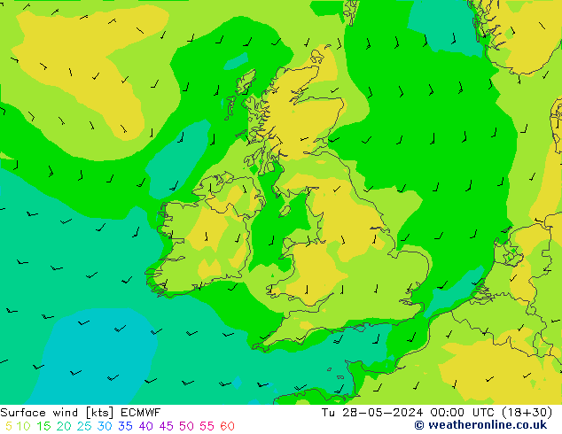 Surface wind ECMWF Út 28.05.2024 00 UTC