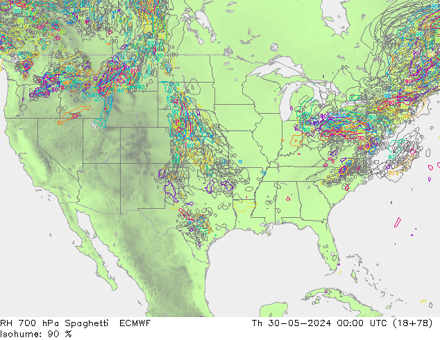 RH 700 hPa Spaghetti ECMWF Čt 30.05.2024 00 UTC