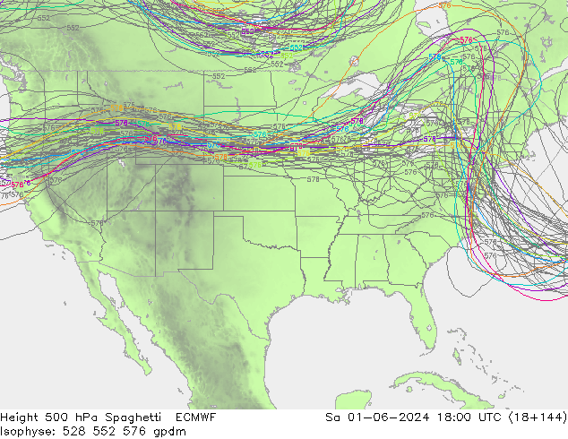 Hoogte 500 hPa Spaghetti ECMWF za 01.06.2024 18 UTC