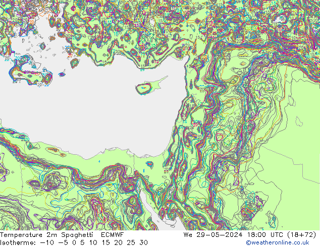 Temperature 2m Spaghetti ECMWF We 29.05.2024 18 UTC
