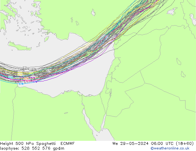 Height 500 hPa Spaghetti ECMWF Mi 29.05.2024 06 UTC