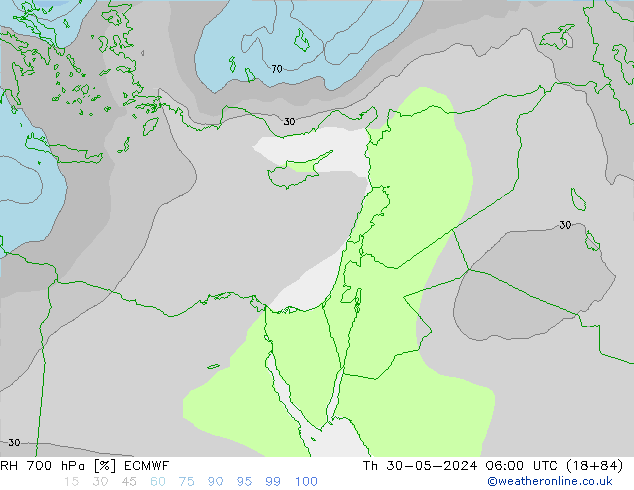 Humidité rel. 700 hPa ECMWF jeu 30.05.2024 06 UTC