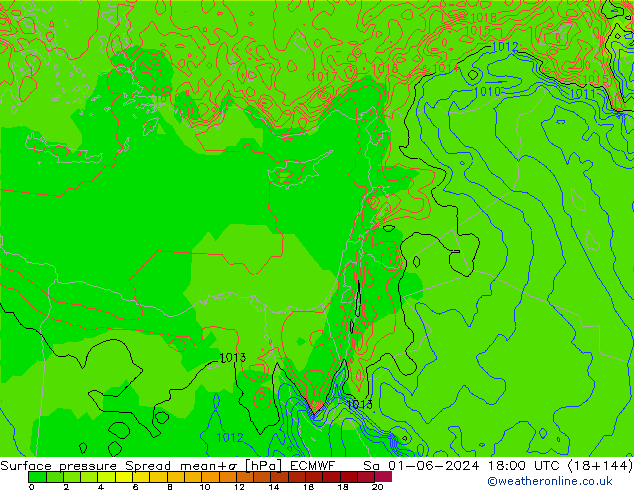 Surface pressure Spread ECMWF Sa 01.06.2024 18 UTC