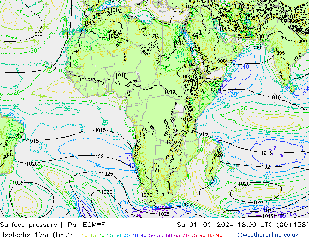 Isotachs (kph) ECMWF Sa 01.06.2024 18 UTC