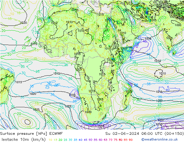 Isotachs (kph) ECMWF Su 02.06.2024 06 UTC