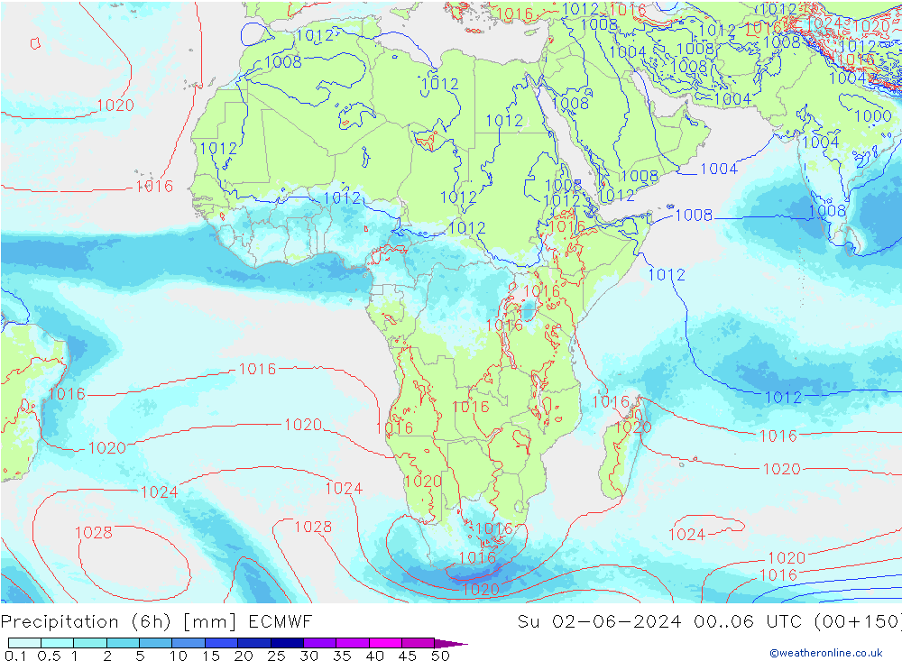 Precipitation (6h) ECMWF Su 02.06.2024 06 UTC