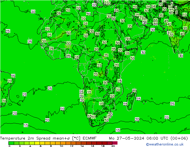 mapa temperatury 2m Spread ECMWF pon. 27.05.2024 06 UTC