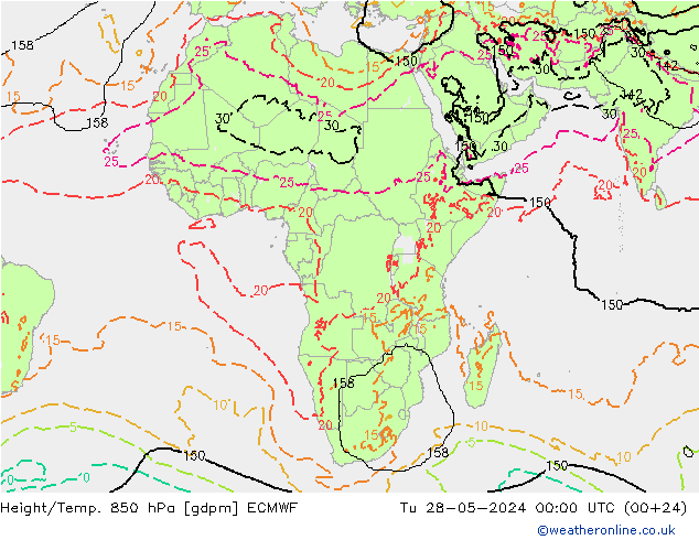 Geop./Temp. 850 hPa ECMWF mar 28.05.2024 00 UTC