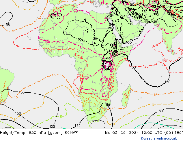 Height/Temp. 850 гПа ECMWF пн 03.06.2024 12 UTC