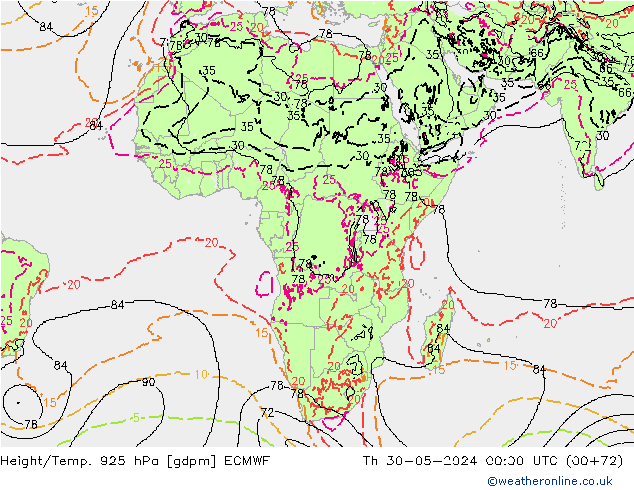 Geop./Temp. 925 hPa ECMWF jue 30.05.2024 00 UTC