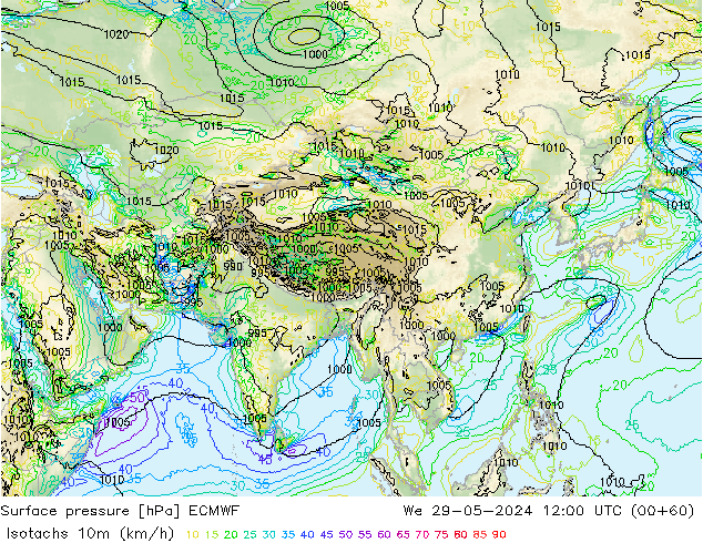 Isotachen (km/h) ECMWF wo 29.05.2024 12 UTC