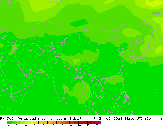 700 hPa Nispi Nem Spread ECMWF Cu 31.05.2024 18 UTC