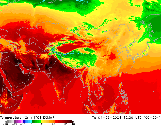 Temperature (2m) ECMWF Tu 04.06.2024 12 UTC