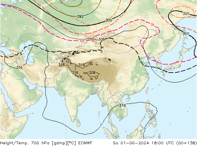 Hoogte/Temp. 700 hPa ECMWF za 01.06.2024 18 UTC