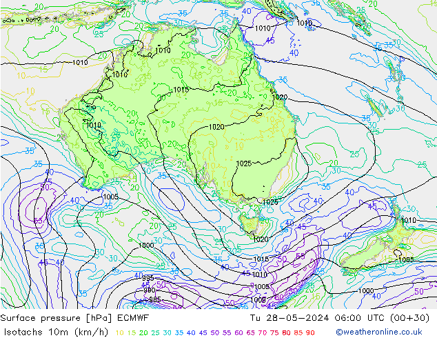 Isotachs (kph) ECMWF Tu 28.05.2024 06 UTC