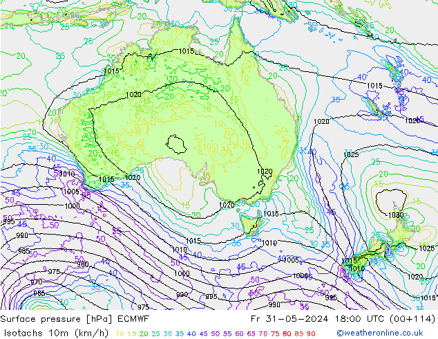 Eşrüzgar Hızları (km/sa) ECMWF Cu 31.05.2024 18 UTC