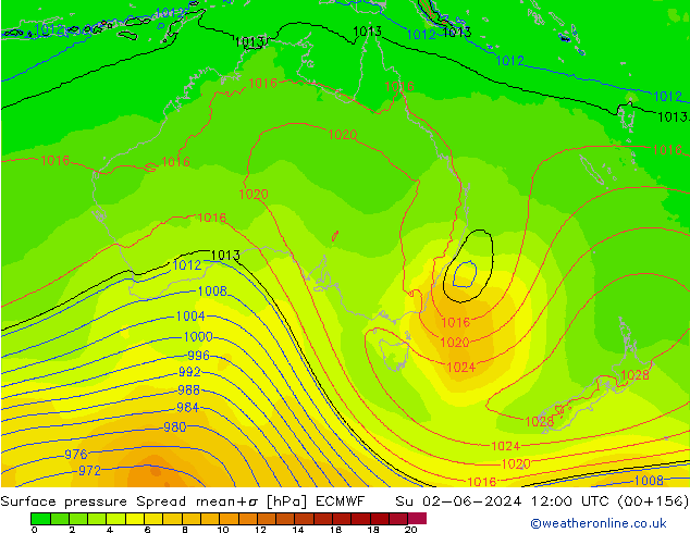 Surface pressure Spread ECMWF Su 02.06.2024 12 UTC