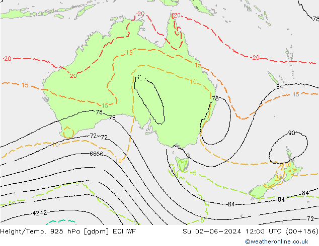 Height/Temp. 925 hPa ECMWF Su 02.06.2024 12 UTC