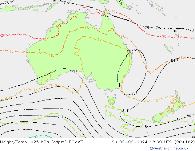 Height/Temp. 925 hPa ECMWF Su 02.06.2024 18 UTC