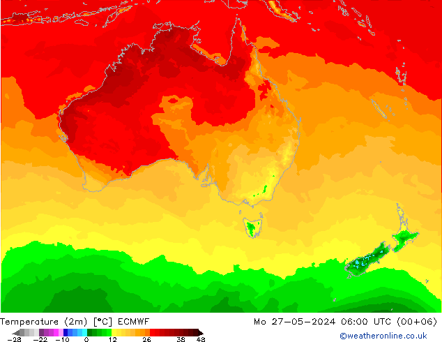 Temperatuurkaart (2m) ECMWF ma 27.05.2024 06 UTC