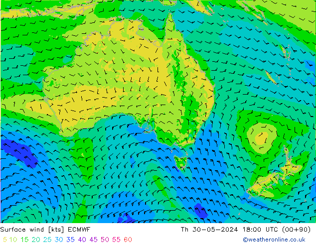 Surface wind ECMWF Čt 30.05.2024 18 UTC