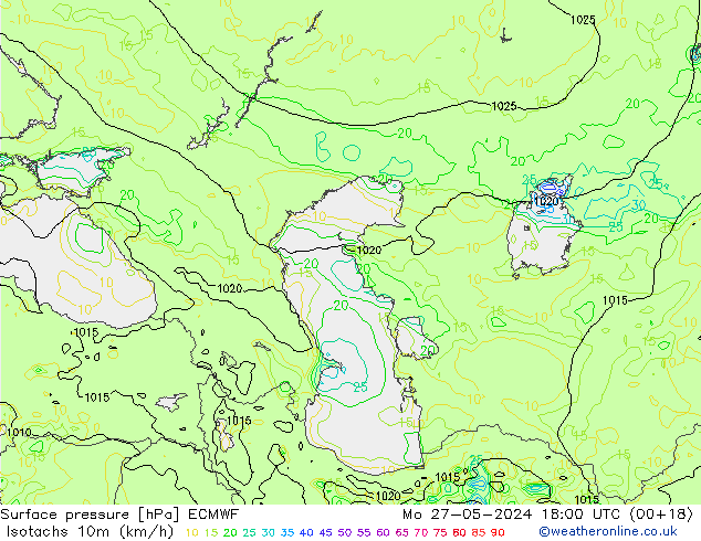 Isotachs (kph) ECMWF Po 27.05.2024 18 UTC