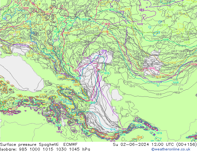 Pressione al suolo Spaghetti ECMWF dom 02.06.2024 12 UTC