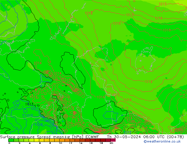 Presión superficial Spread ECMWF jue 30.05.2024 06 UTC