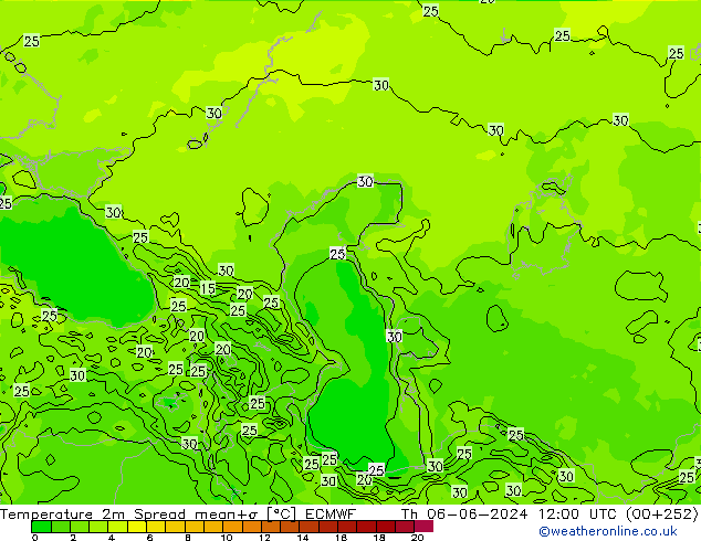 Temperature 2m Spread ECMWF Th 06.06.2024 12 UTC