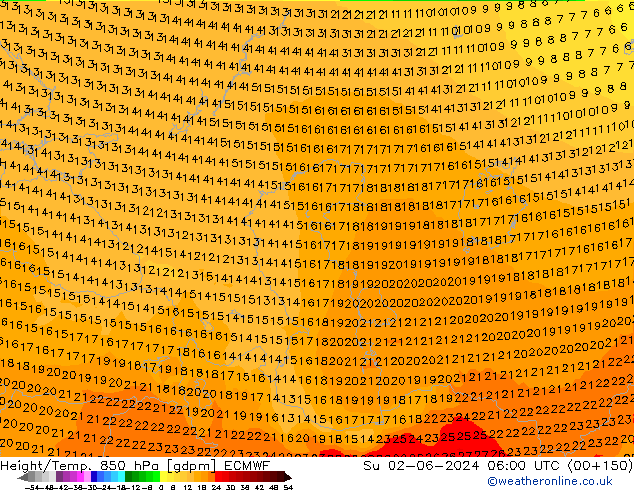 Geop./Temp. 850 hPa ECMWF dom 02.06.2024 06 UTC