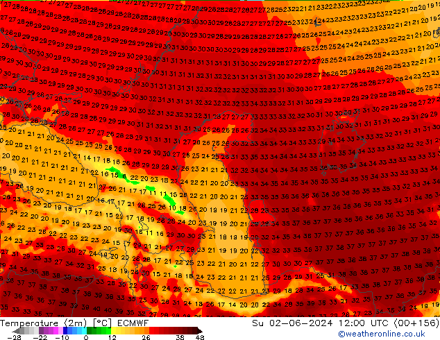 Temperature (2m) ECMWF Su 02.06.2024 12 UTC