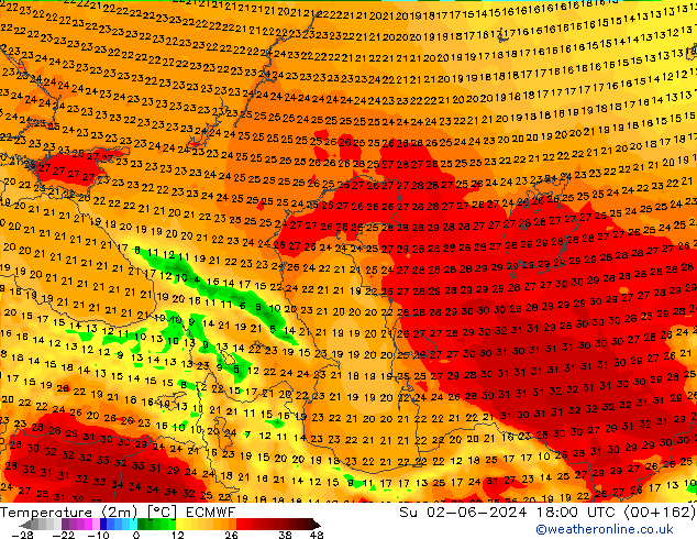 Sıcaklık Haritası (2m) ECMWF Paz 02.06.2024 18 UTC