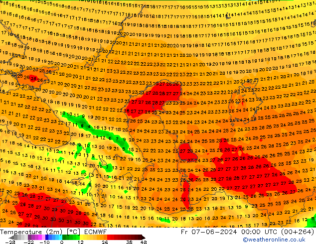 Temperatuurkaart (2m) ECMWF vr 07.06.2024 00 UTC