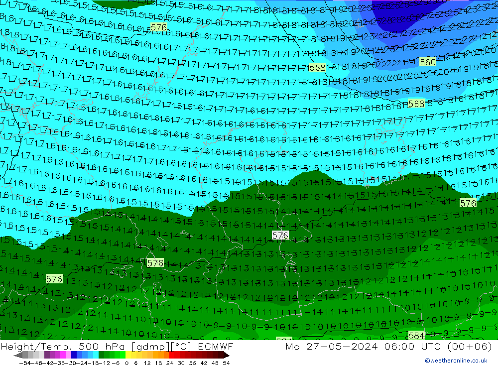 Height/Temp. 500 hPa ECMWF Mo 27.05.2024 06 UTC