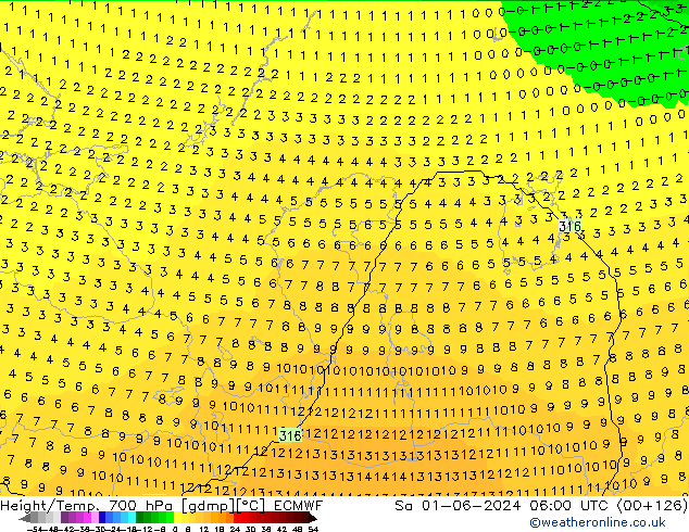 Géop./Temp. 700 hPa ECMWF sam 01.06.2024 06 UTC