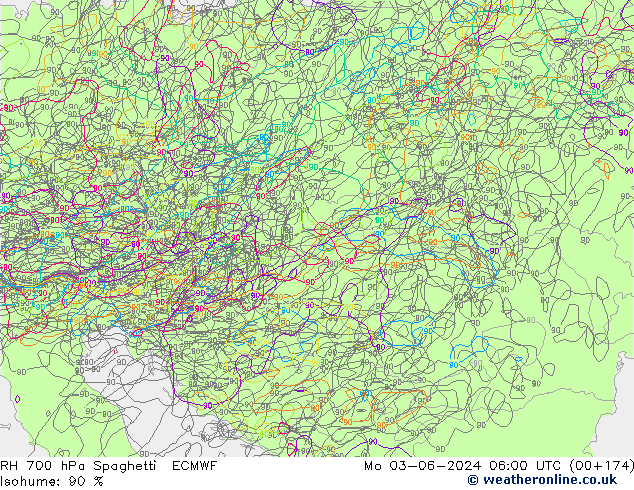 RH 700 hPa Spaghetti ECMWF Mo 03.06.2024 06 UTC