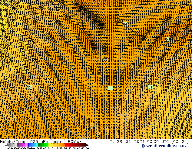 Height/Temp. 925 hPa ECMWF Út 28.05.2024 00 UTC