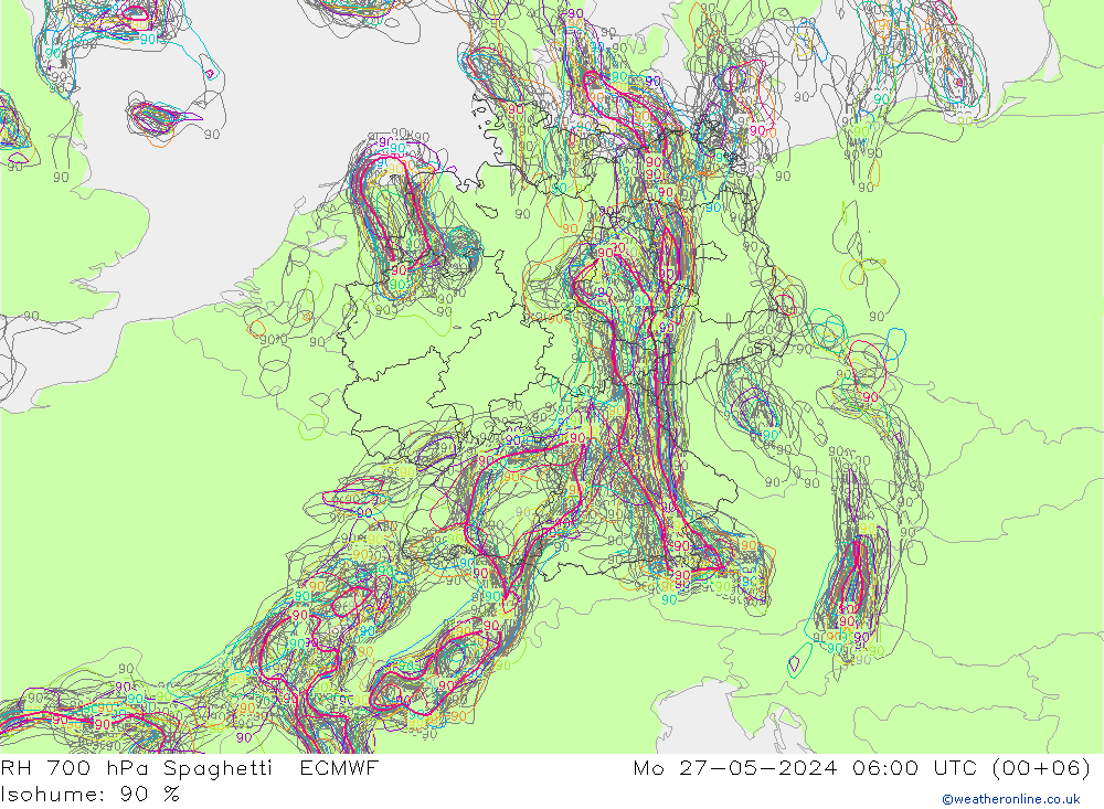 RH 700 hPa Spaghetti ECMWF pon. 27.05.2024 06 UTC