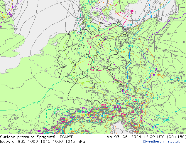 Pressione al suolo Spaghetti ECMWF lun 03.06.2024 12 UTC