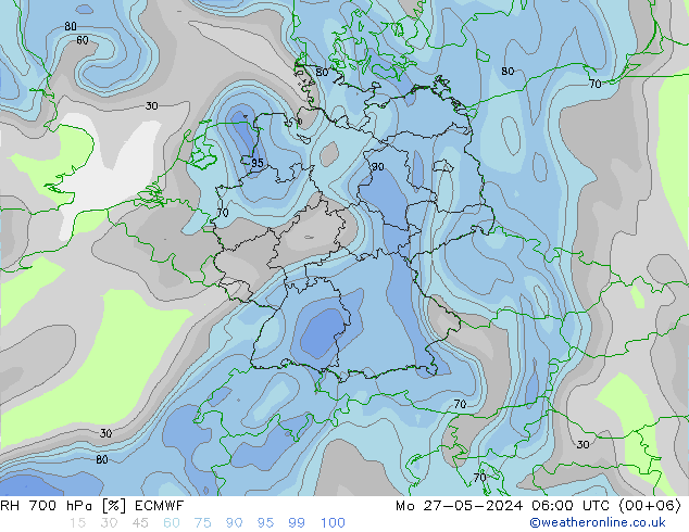 Humedad rel. 700hPa ECMWF lun 27.05.2024 06 UTC