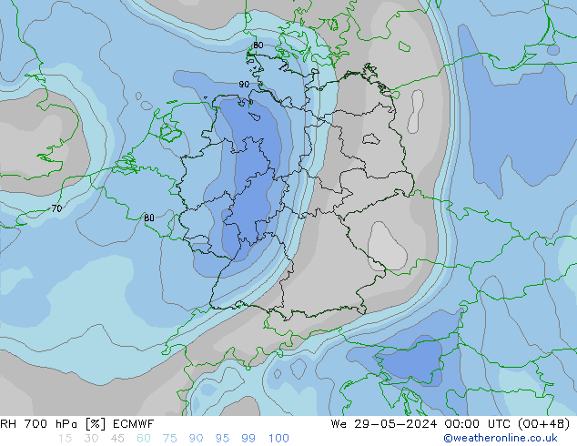 Humidité rel. 700 hPa ECMWF mer 29.05.2024 00 UTC