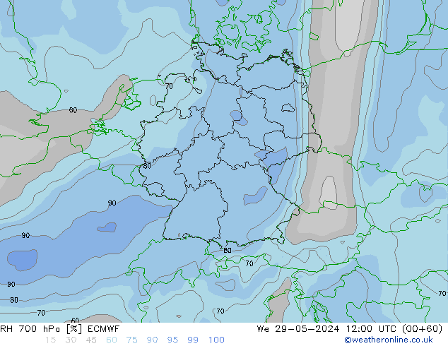 RH 700 hPa ECMWF Qua 29.05.2024 12 UTC