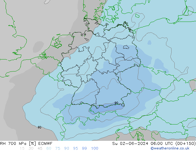 RH 700 hPa ECMWF nie. 02.06.2024 06 UTC