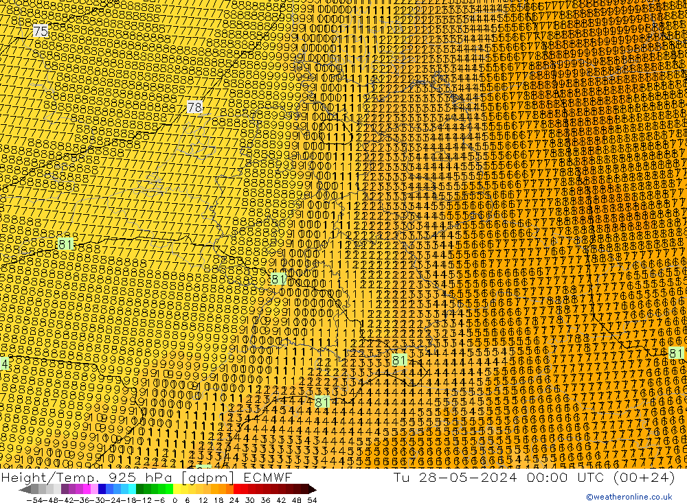 Height/Temp. 925 hPa ECMWF wto. 28.05.2024 00 UTC