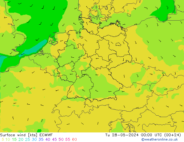 wiatr 10 m ECMWF wto. 28.05.2024 00 UTC