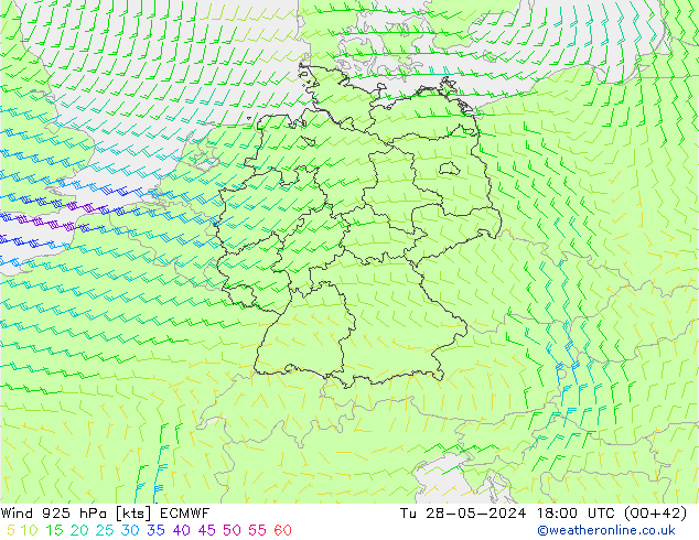 Wind 925 hPa ECMWF Út 28.05.2024 18 UTC