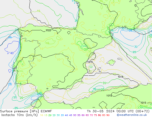 Isotachs (kph) ECMWF Qui 30.05.2024 00 UTC